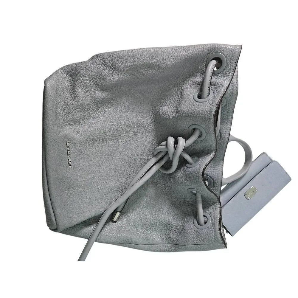 Michael Kors grey blue drawstring pebble leather backpack purse with matching wa
